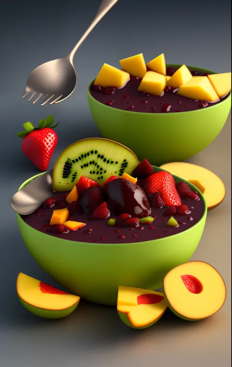 3D pixar image. a 500ml transparent bowl with açaí, with pieces of mango, pineapple, strawberry, kiwi, burnt coconut topping and Nutela and a light green spoon.