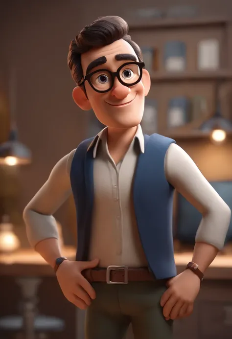 Cartoon character of a man with black glasses, cabelo cacheado marrom escuro e uma camisa azul, animation character, Caractere estilizado, animation style rendering, 3D estilizado, Arnold Maya render, 3 d render stylized, toon render keyshot, Personagem 3D...