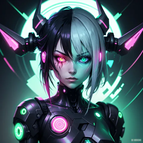 anime phonk brain sick horror cover cyborg half demon creative background with neon green colors