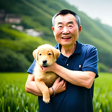 An elderly Chinese farmer holding a puppy