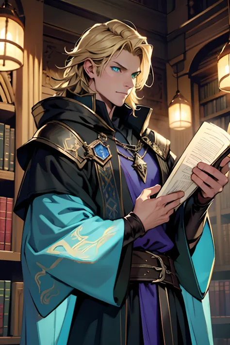 4k, ultra HD, high quality, D&D, dark Fantasy, warlock, sorcerer, wizard, mage, leather armor, blue robe, dark cloak, blonde hair, green eyes, in the library