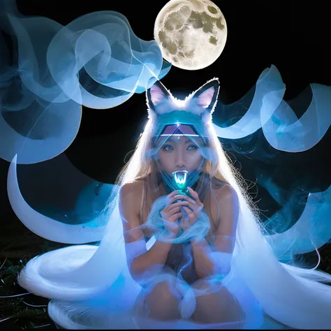 (Next to the anime girl with white-skinned fox ears before the full moon is a huge nine-tailed white fox:1.5), fantasia raposa amor, Raposa de cabelos brancos, anime raposa branca, anime fantasy illustration,(Fundo escuro da floresta，blue transparent smoke...