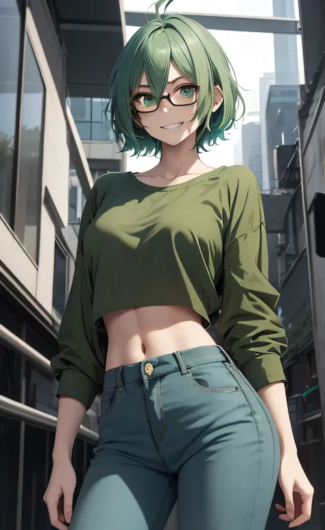 Masterpiece, best quality, 1girl, solo, 23 years old, adult, teal and green hair, messy hair, asymmetrical hair, ahoge, very short hair, aqua eyes, medium breasts,  toned, 167cm, pale skin, glasses, grin, olive green shirt, jeans, midriff peek,