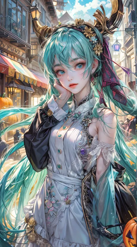 Absurdres masterpiece HDR high quality picture of Hatsune Miku, very young age girl 14 years old with detailed face, simple hair design , beautiful face, hands on waist and hands are hiding in her hair and clothes , very long hair, ((random hair style:1 ))...