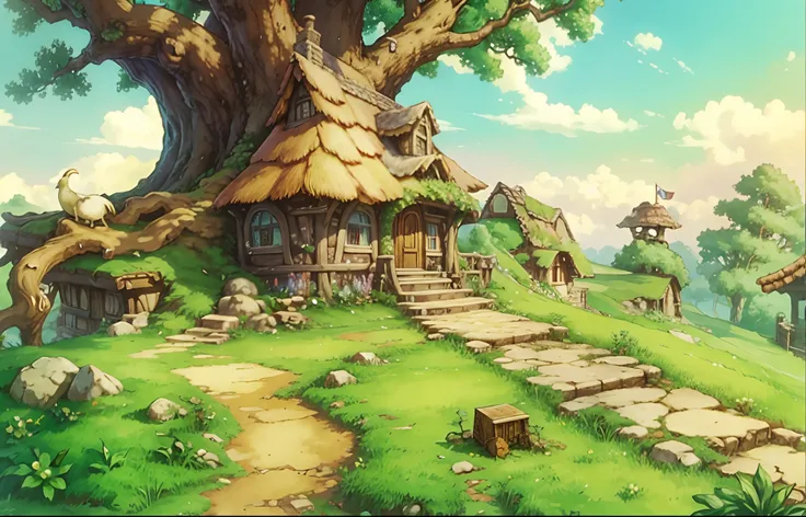 Best quality, high-resolution, hdr, ultra detailed, 8k, legend of mana house under the tree, nature, detailed scenery,  detailed  background