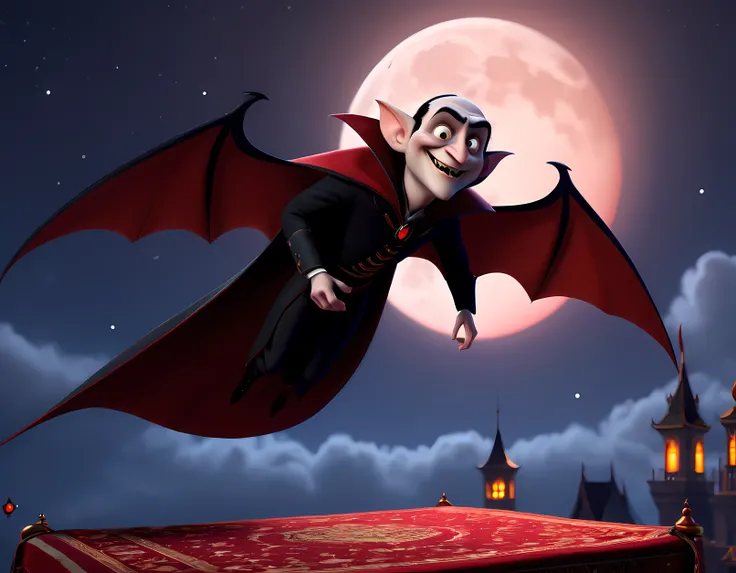 (best quality,4k,8k,highres,masterpiece:1.2),ultra-detailed，Pixar style:2,1 vampire count sits on the flying carpet，Fly in the night sky，A full red moon，detailed face