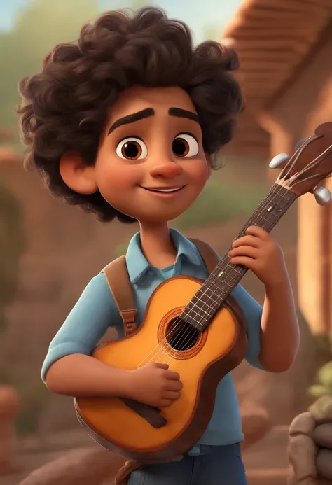 crie um banner no estilo Pixar. A boy with Indian features, Asian eyes, wearing goggles, com bigode, moreno pardo com cabelos curtos, Castanhos escuros, Curly and slightly grayish appearance, mas jovem, usando uma camiseta, Wearing jeans and holding a clas...