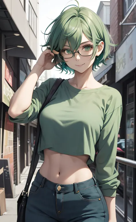 Masterpiece, best quality, 1girl, solo, 23 years old, adult, teal and green hair, messy hair, asymmetrical hair, ahoge, very short hair, aqua eyes, medium breasts,  toned, 167cm, pale skin, glasses, grin, olive green shirt, jeans, midriff peek,