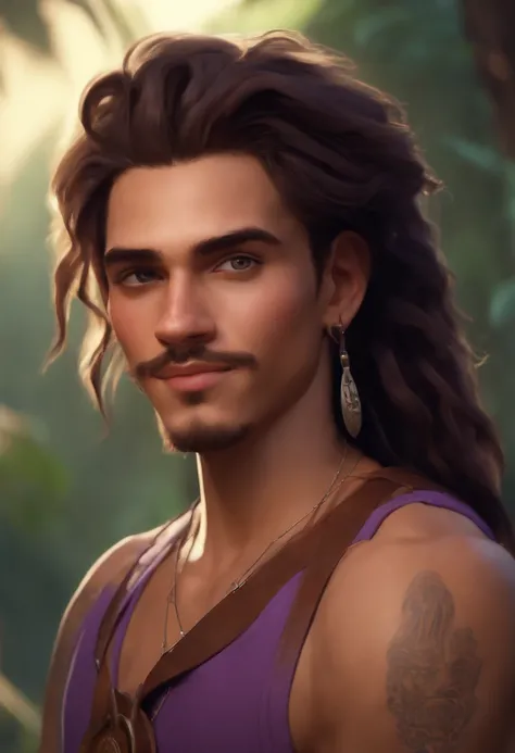 A Disney Pixar-inspired film of a 20-year-old brunette man with a thin face, dreadlocks hair tied up, hoop earrings, nose hoop pircing, mustache and goatee, tattoo on the right shoulder in a purple tank top, shorts, leather sandals on the feet, holding a 7...