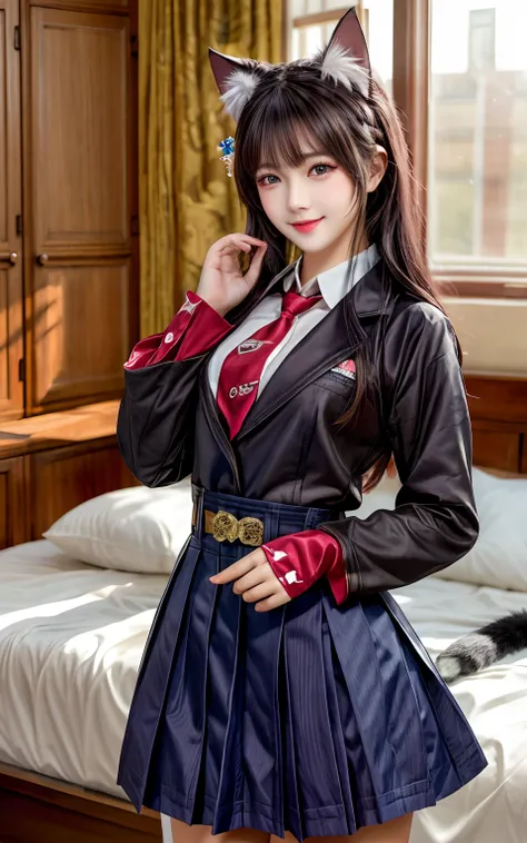 (masterpiece, best quality), 1 beautiful girl, cat ears, smile, slim body, (school uniform:1.1), (detailed beautiful eyes), paw gloves, bedroom, indoors,