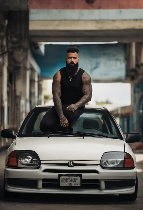 Jovem branco, cabelo preto e curto com barba preta, tattoo on arms and a little overweight, posando com seu carro honda civic 1999.