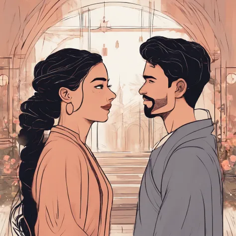 An illustration of an adorable couple, Highlighting a man and a woman with beauty, Expressive eyes – the mans hair is black tied into a bun. and black eyes and he has a full, black beard, while the womans hair is tied up in a bun and black, long and straig...