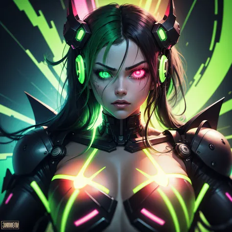 anime brazilian brain sick horror cover cyborg half demon creative background with neon green colors