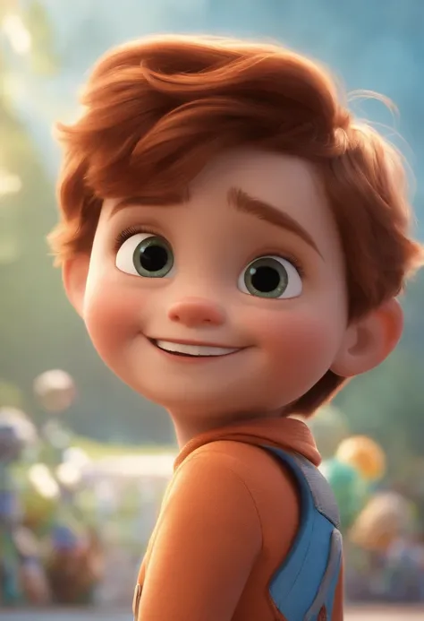 a happy cute kid standing short hair, vestindo uma fantasia espacial, , fundo branco, barnet, Tom, Estilo Pixar, ....3d, desenhos animados, rosto detalhado, asymmetrical 16k