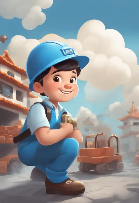 Cartoon image inkstone C4D effect Cartoon boy in hard hat smiling and holding clouds, beijing, Cute boy, wearing plumber uniform, Character Design Police Man, child, nanquan, high quality illustration, Mining, kid, hd illustration, mascot illustrations, 千 ...