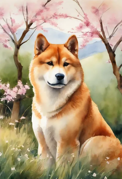 aquarela paiting。countryside in japan。Akita Inu ruiva。durante o dia。夏天。