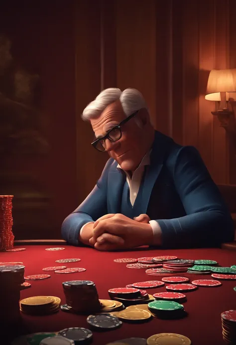 A man playing poker, with his hands resting on a stack of poker chips. Image rendered in the same graphical style as the Pixar movie "Up."