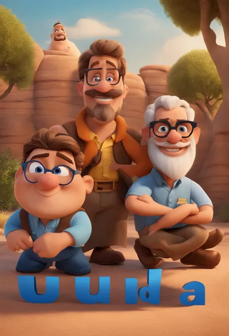 create a Disney Pixar 3D animated movie poster with 3 men, 1 with goatee and glasses, outro com 60 anos -barba e o ultimo com barba trabalhando, todos usando cores azul e amarelo com uma betoneira