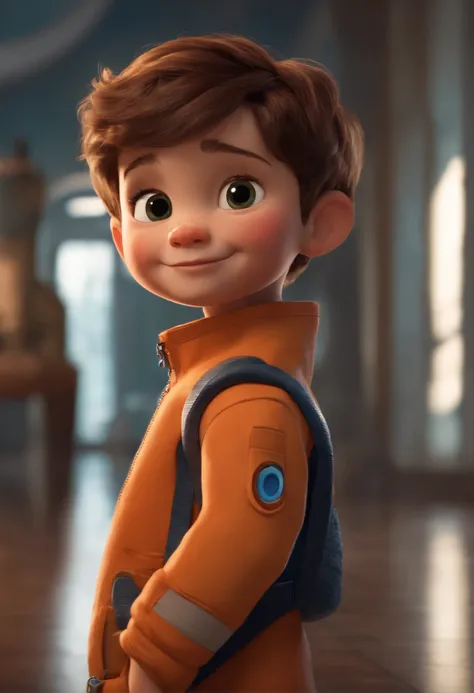 a happy cute kid standing short hair, vestindo uma fantasia espacial, , fundo branco, barnet, Tom, Estilo Pixar, ....3d, desenhos animados, rosto detalhado, asymmetrical 16k