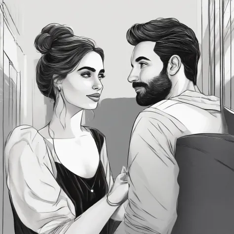 An illustration of an adorable couple, Destacando um homem e uma mulher com beleza, Expressive eyes – the mans hair is black tied in a bun. e olhos negros e ele tem um, barba preta, While the womans hair is tied in a bun and black, longo e reto. They are a...