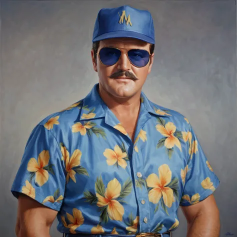 George Reeves/Lee Majors/Elvis Presley hybrid, 180 pound man with a mustache, wearing a Blue Hawaiian shirt, a baseball cap, sunglasses, extremely short, buzz-cut hair and a thin, dark mustache, cobalt-blue eyes, oil painting on canvas in the art style of ...