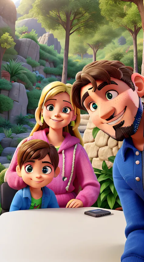 best quality,4k,8k,Altas,master part:1.2,ultra-detalhado,Realistic,Happy family,lindos rostos detalhados,pai com barba com corte bem baixo,Blonde mom with long hair,menino,fundo verde,lush vegetation,luz solar quente,sorrisos envolventes,vivid colors,Retra...