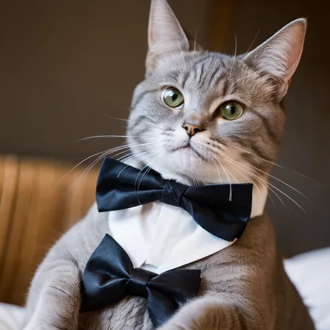 Fashionable and dignified, grey cat wearing a black bow tie