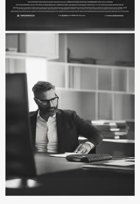 Homem 47 anos, cabelos pretos curto com topete, barba pouco grisalha curta, Black Rectangular Glasses, rosto afinado, nariz pouco empinado, In a half-lit office, usando terno armani preto, olhando para um macbook, imagens 4k ou superior