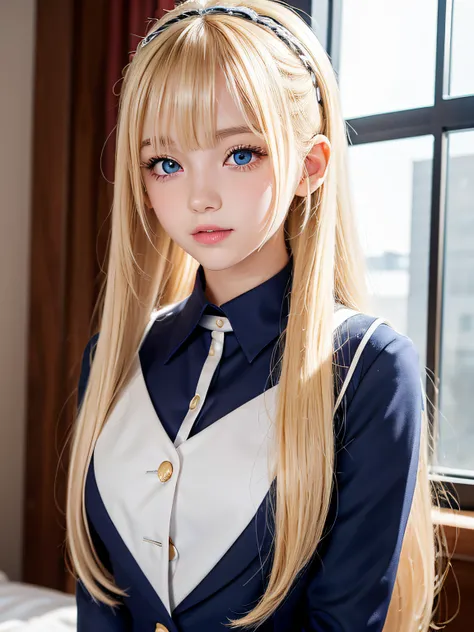 portlate、School Uniforms、bright expression、poneyTail、Young shiny shiny white shiny skin、Best Looks、Blonde reflected light、Blonde hair with dazzling highlights、shiny light hair,、Super long silky straight hair、Beautiful bangs that shine、Glowing crystal clear...