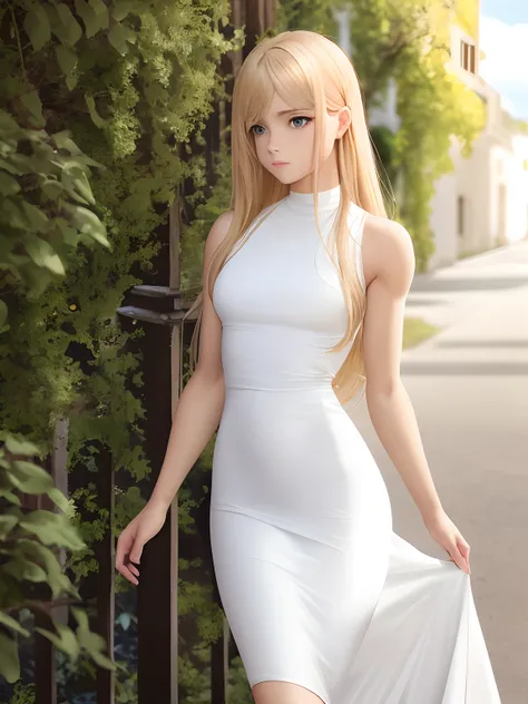 Imagen real, Mujer rubia muy guapa, Long white bodycon dress, silueta juvenil y perfecta,  abrazada a hombre joven moreno, cara detallada, sin pelo, musculado