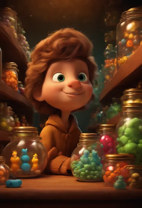 A collector of ideas inspired by Pixar animation, de perto. It is surrounded by a collection of magic jars, each containing a unique idea. The focus is on the character, with a captivating facial expression, Against a backdrop of shimmering, cores efervesc...