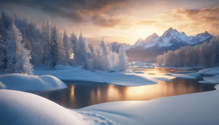 (Best quality,4K,8K,A high resolution,Masterpiece:1.2),Ultra-detailed,(Realistic,Photorealistic,photo-realistic:1.37),winter,poster for,Cold weather,illustration,Detailed background,crystal clear water,.CGI,powerful waves,Majestic mountains,frozen trees,Ic...