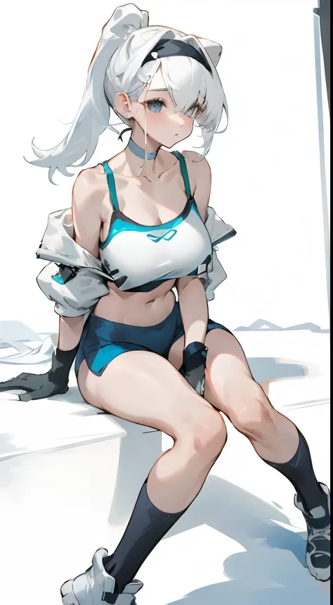 bigboobs，cropped shoulders，white color hair，high ponytail，stand up，sporty attire，camisole，leakage out of the collarbone，neck lea...