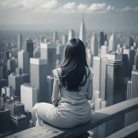 a realistic woman sitting in top of building, looking in front of citys crowd, realistic, real image, high contrast, high quality, suprrealism --auto --s2