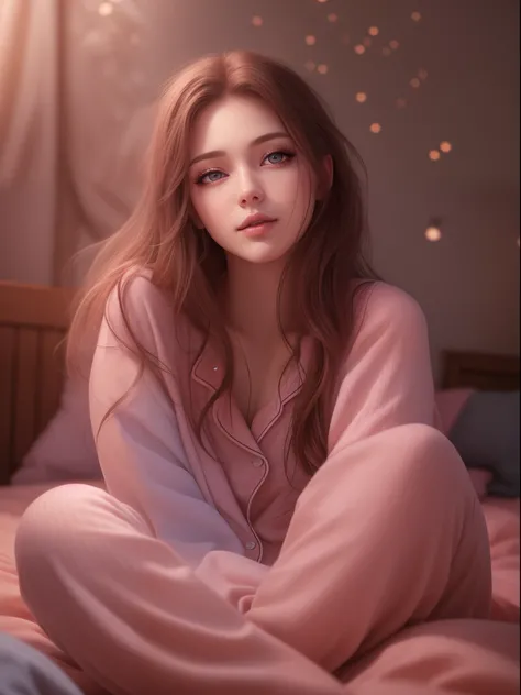 (best quality,realistic),1girl,22 years old,beautiful detailed eyes,beautiful detailed lips,longeyelashes,brown hair,pink pajama,comfortable,soft,subtle patterns,long pants,dreamy atmosphere,peaceful,pure,vivid colors,soft lighting,cozy environment