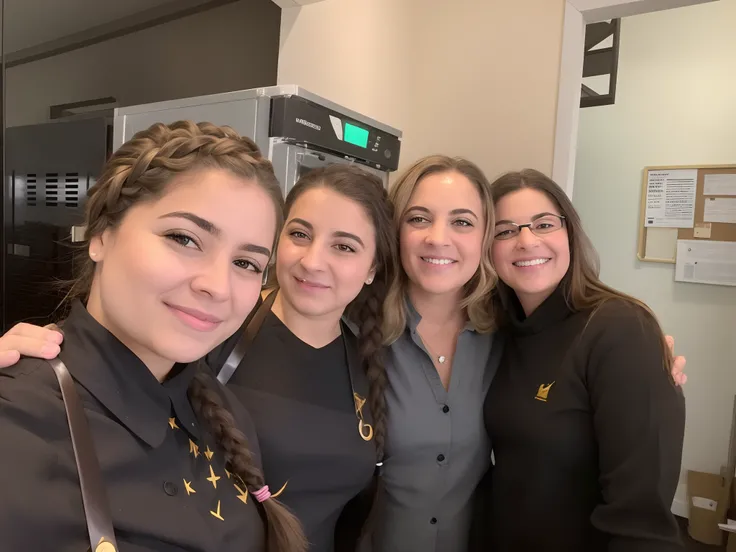 Quatro pessoas na frente de uma loja com uma fachada preta escrito Kopenhagen em dourado, uma loja de chocolates, com presentes na parte interna da loja. The four of them embraced, uma menina branca com olhos azuis, cabelo loiro escuro, sardas, large eyela...