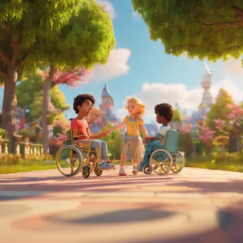 create a 3D movie poster inspired by Disney Pixar, The scene should be in Pixars signature digital art style, with an image of children of various ethnicities playing in a park, containing a child in a wheelchair, with colorful scenery