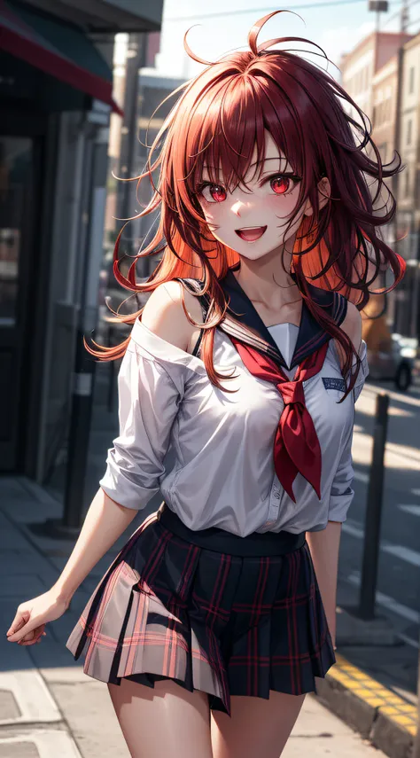 a beautiful woman walking in the street wears school uniform, bare shoulder, glowing red eyes, open mouth, evil smile, multicolored hair, long hair, messy hair, ray tracing, backlighting, wide shot, cinematic lighting, 8k, masterpiece, anatomically correct...