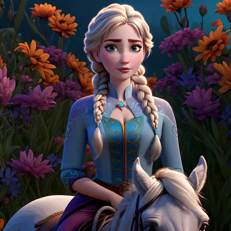 A girl riding a horse, with Elsa from "Frozen 2" as the main subject. The girl has beautiful detailed eyes, beautiful detailed lips, and an extremely detailed face. Her eyelashes are long. The horse is majestic and powerful. The scene is set in a garden wi...