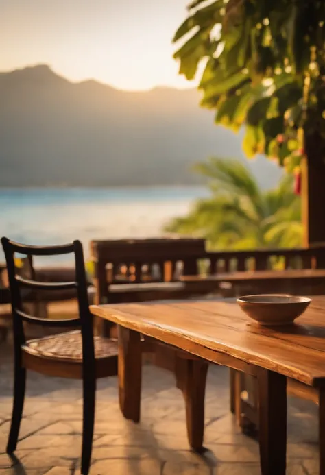 Blurred wooden table in the background with a lovely square in the morning, flores roxas