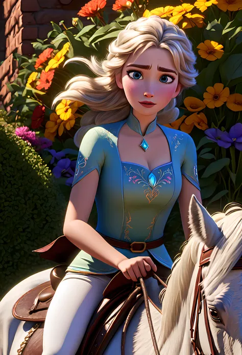 A girl riding a horse, with Elsa from "Frozen 2" as the main subject. The girl has beautiful detailed eyes, white leggings,beautiful detailed lips, and an extremely detailed face. Her eyelashes are long. The horse is majestic and powerful. The scene is set...