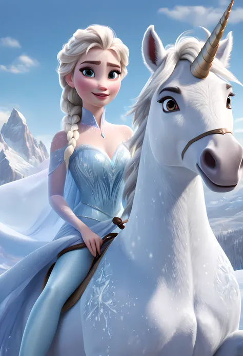 (best quality,4k,8k,highres,masterpiece:1.2),ultra-detailed,(realistic,photorealistic,photo-realistic:1.37),Pixar style:2,Elsa from "Frozen 2",riding a white unicorn,translucent gown made of chiffon,white skinny pants,full body shot,snow-covered icy landsc...