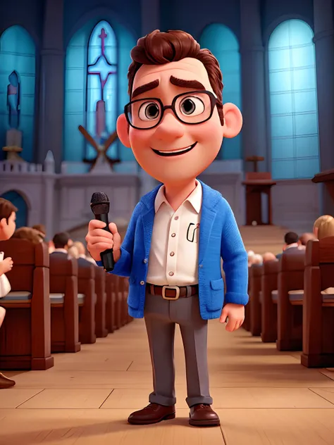 Create a Pixar style character of a pastor preaching in a church and holding a mic with a similarity of the photo uploaded