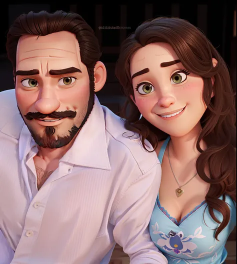 romantic couple, homem de barba com mulherloira, cabelos cacheados tirando selfie,  igual aos filmes Disney Pixar