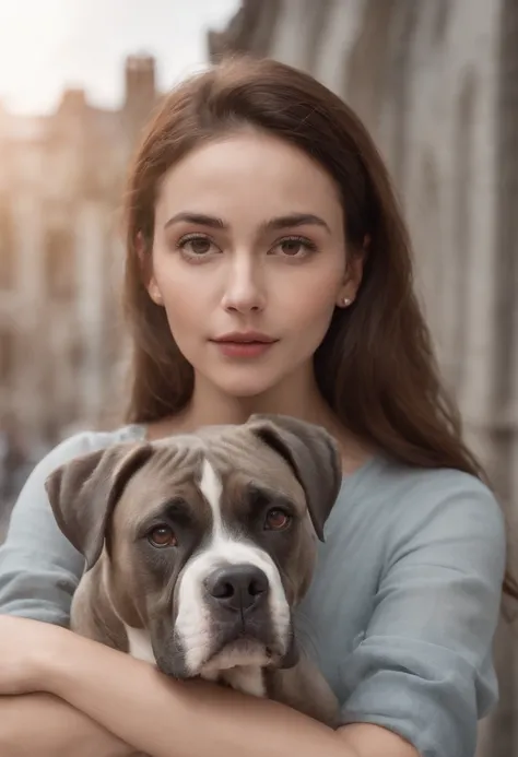 Beautiful young woman with gray boxer dog, Belas Artes, fundo preto, Luz de Rembrandt, --ar 2:3, (master part:1.4), (best quality:1.4), Foto RAW, (fotorrealista: 1.5), (short hair), cabelos castanhos claros, (Foto RAW, 8k UHD), belos olhos detalhados, olho...