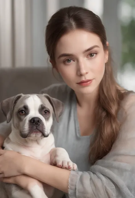 Beautiful young woman with gray boxer dog, Belas Artes, fundo preto, Luz de Rembrandt, --ar 2:3, (master part:1.4), (best quality:1.4), Foto RAW, (fotorrealista: 1.5), (short hair), cabelos castanhos claros, (Foto RAW, 8k UHD), belos olhos detalhados, olho...