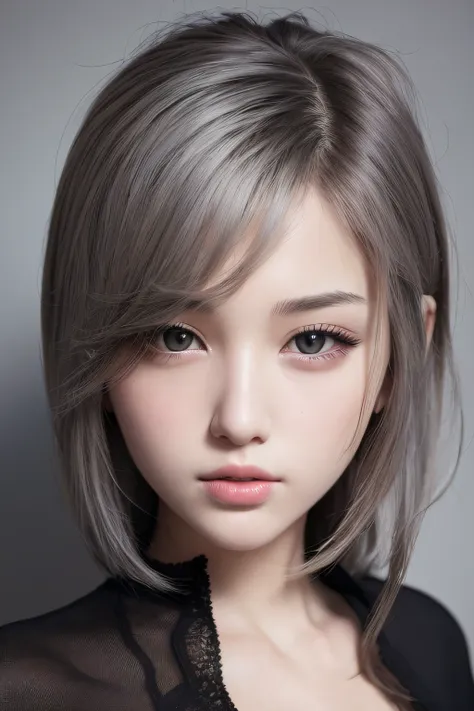 top quality, masterpiece, ultra high resolution, (photorealistic: 1.4), 1 girl, viewer's eye gaze, gray hair, black eyes, black ...