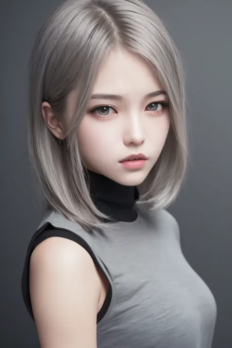 top quality, masterpiece, ultra high resolution, (photorealistic: 1.4), 1 girl, viewer's eye gaze, gray hair, black eyes, black ...