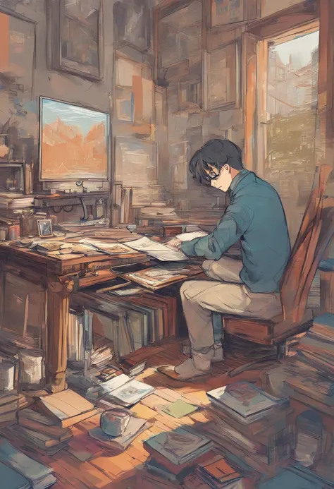 机器人, With translucent body, Sitting at a desk looking at a laptop, In the living room with books, wide vision, A hyper-realistic, ighly detailed, digitial painting, concept-art, suave, foco nítido, wide angle shooting