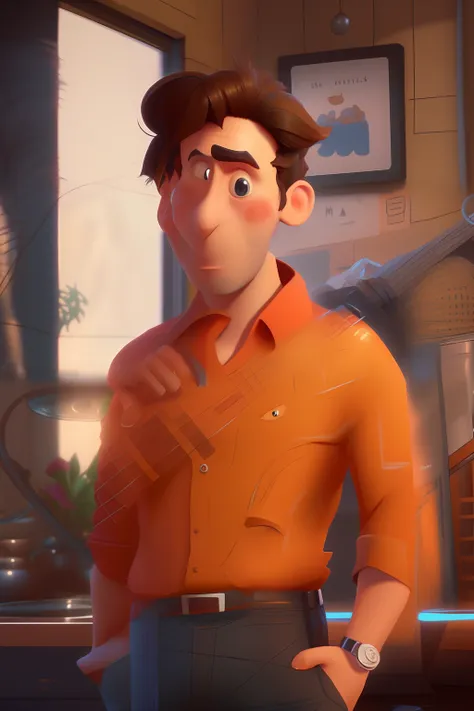 Man in orange shirt and black pants standing in a kitchen, Como um personagem da Pixar, pixarman rendering rendering, renderizar na pixar, pixar 3 d animation style, pixar retrato 8 k foto, animation character, Arnold Maya render, Representado como um pers...